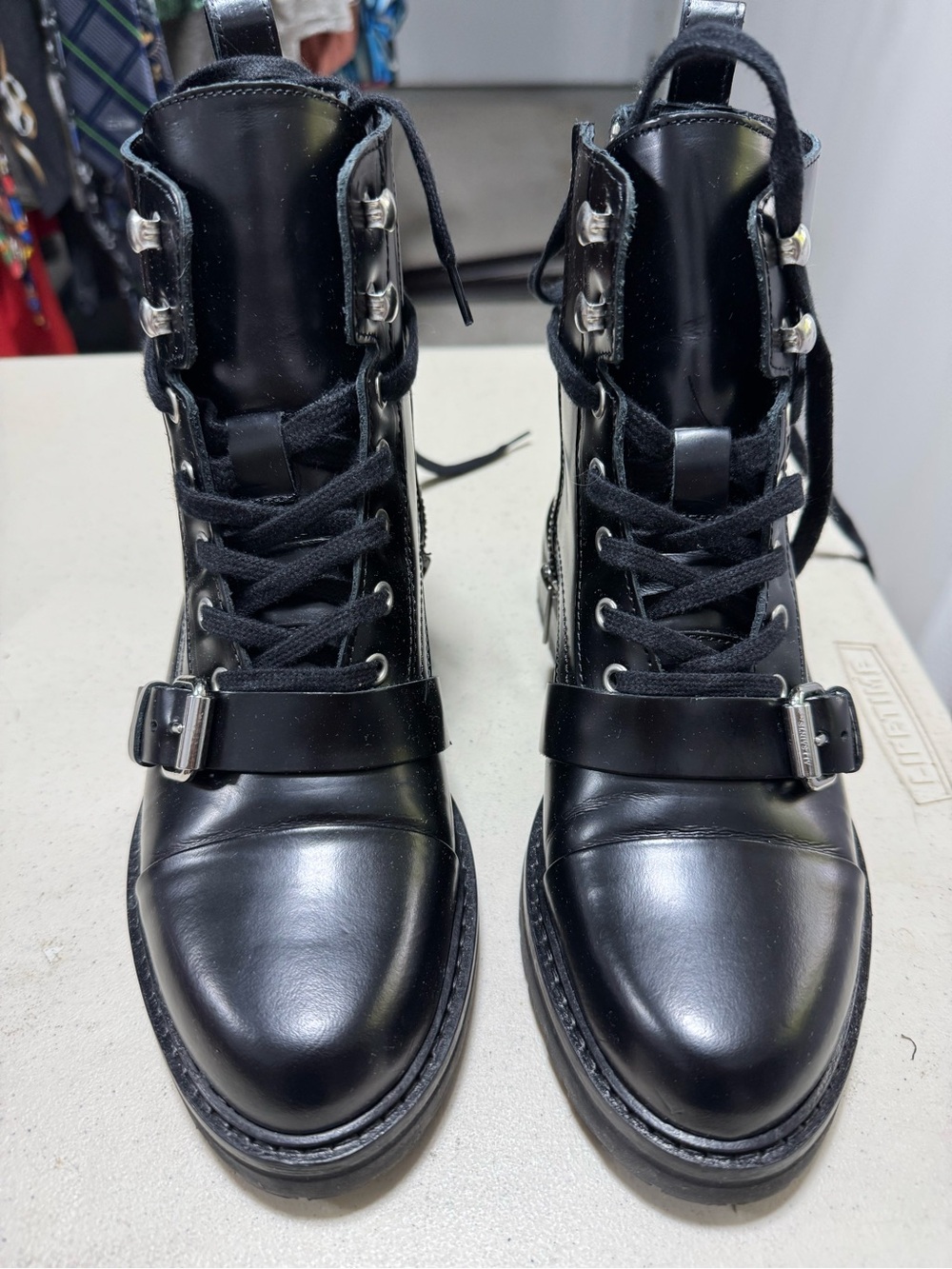 🆕 AllSaints Donita Black Leather Combat Lug Sole Boots Size 37 / US 7 NEW
